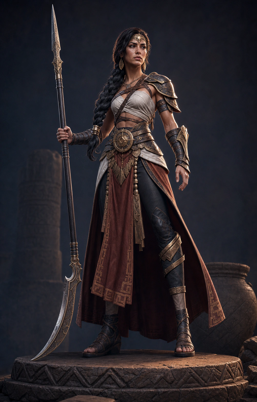Desert Guardian in bronze armor and layered terracotta cloth, holding a crescent spear on a carved stone plinth.