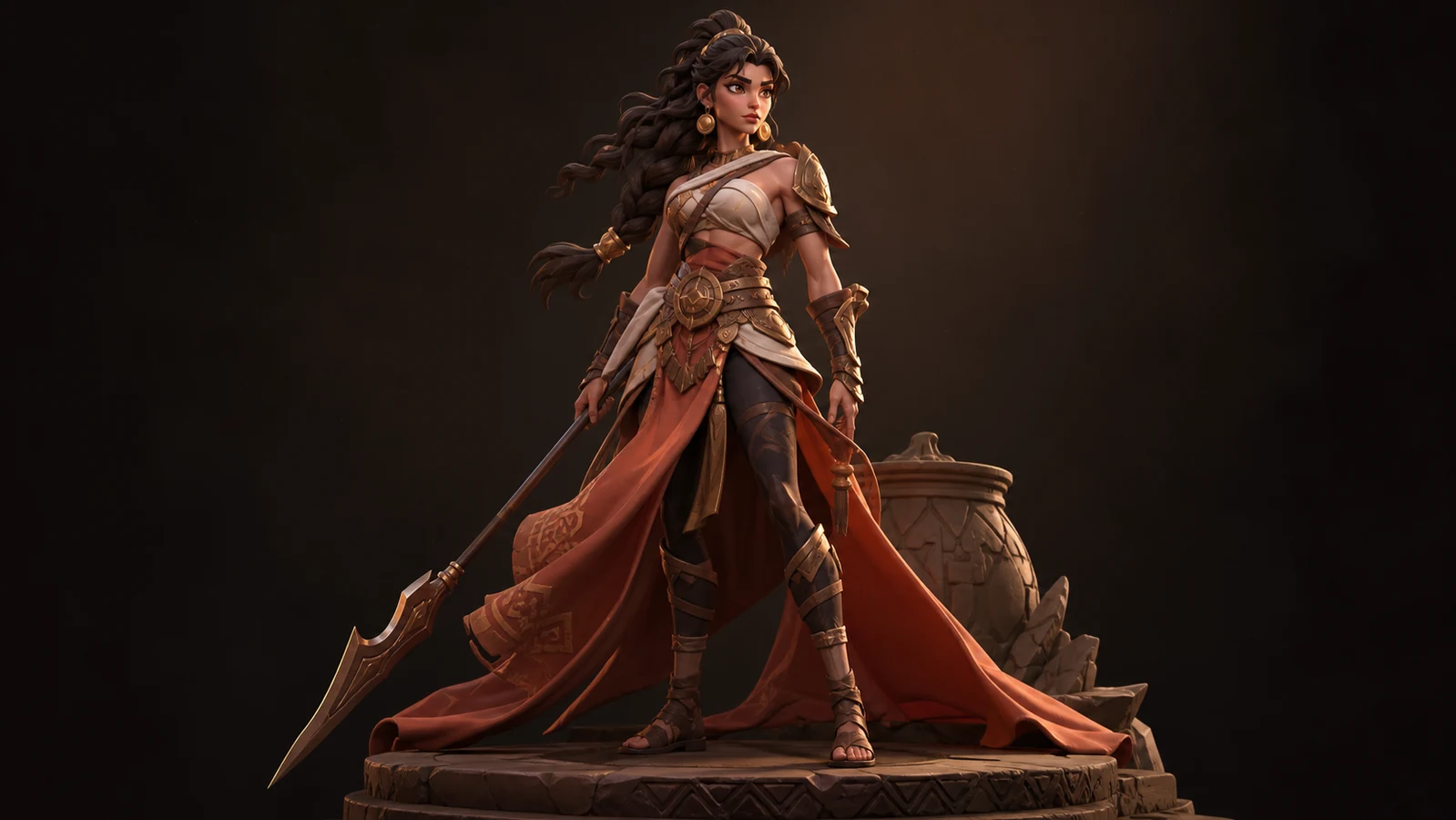 Original generated V2 concept character render in a warm dark studio presentation.