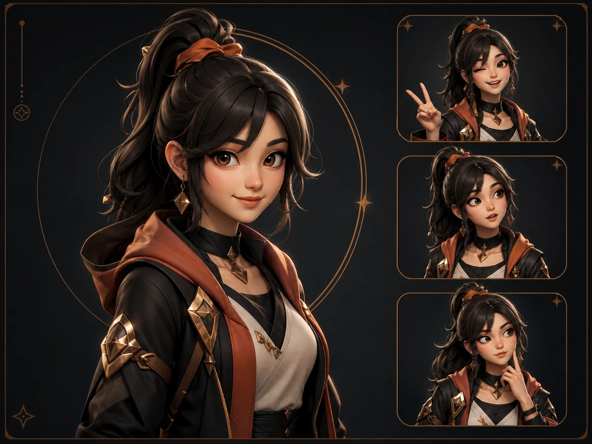Original generated V2 avatar character concept with expression variations.