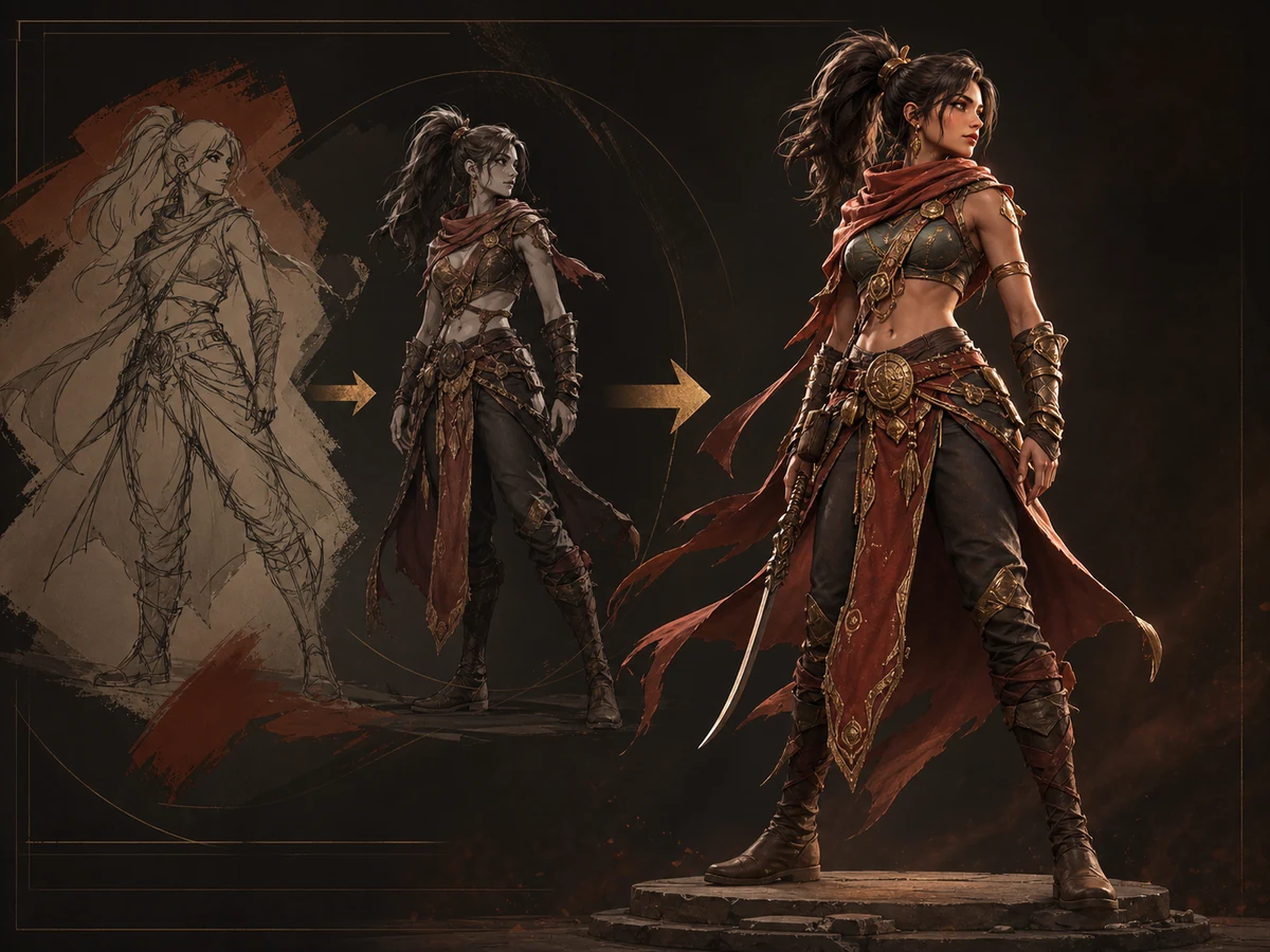 Original generated V2 concept-to-character visual board showing sketch, refinement, and final render.