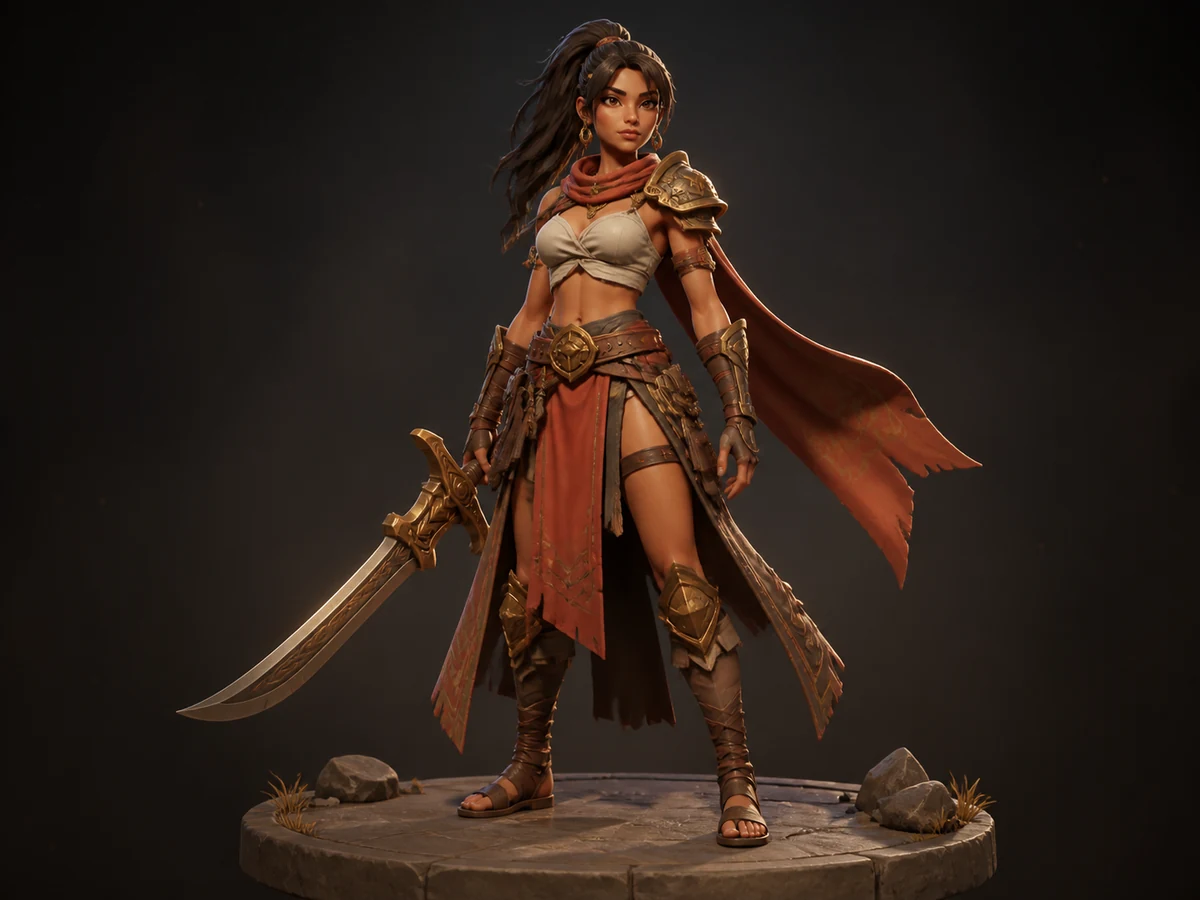 Original generated V2 concept render of a stylized game character on a dark studio pedestal.