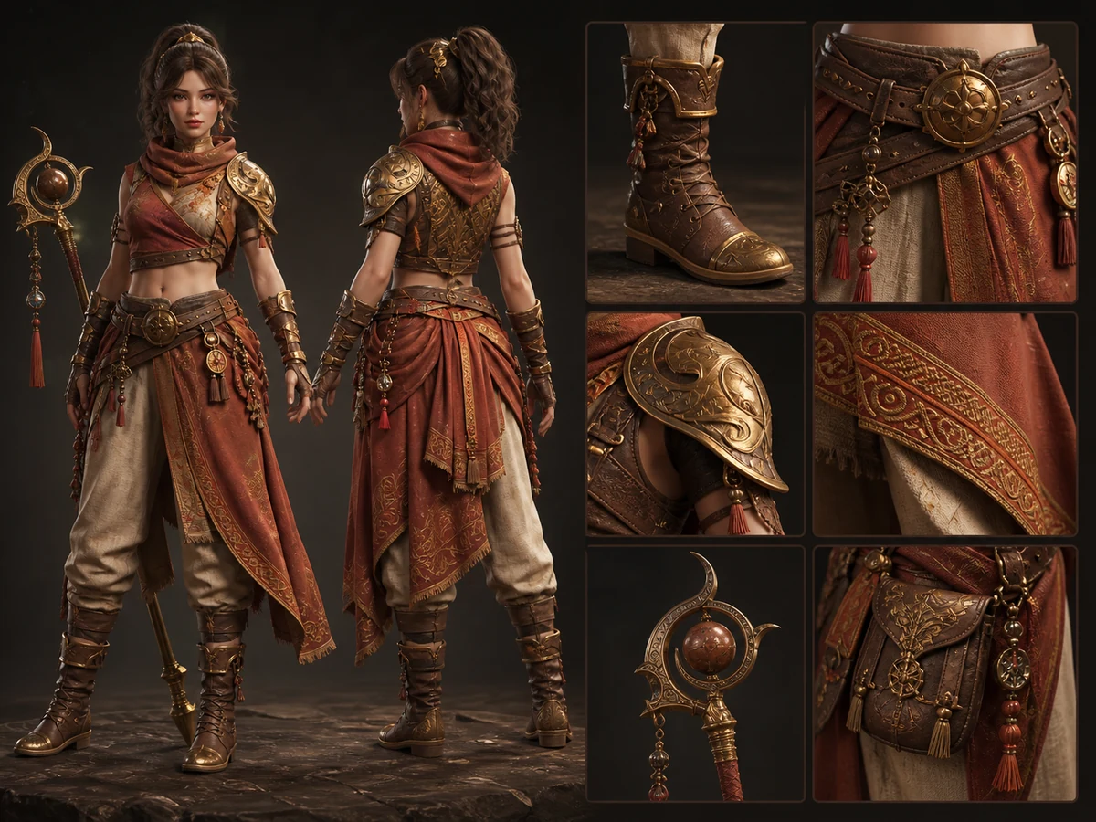 Original generated V2 outfit and accessory concept board with material closeups.