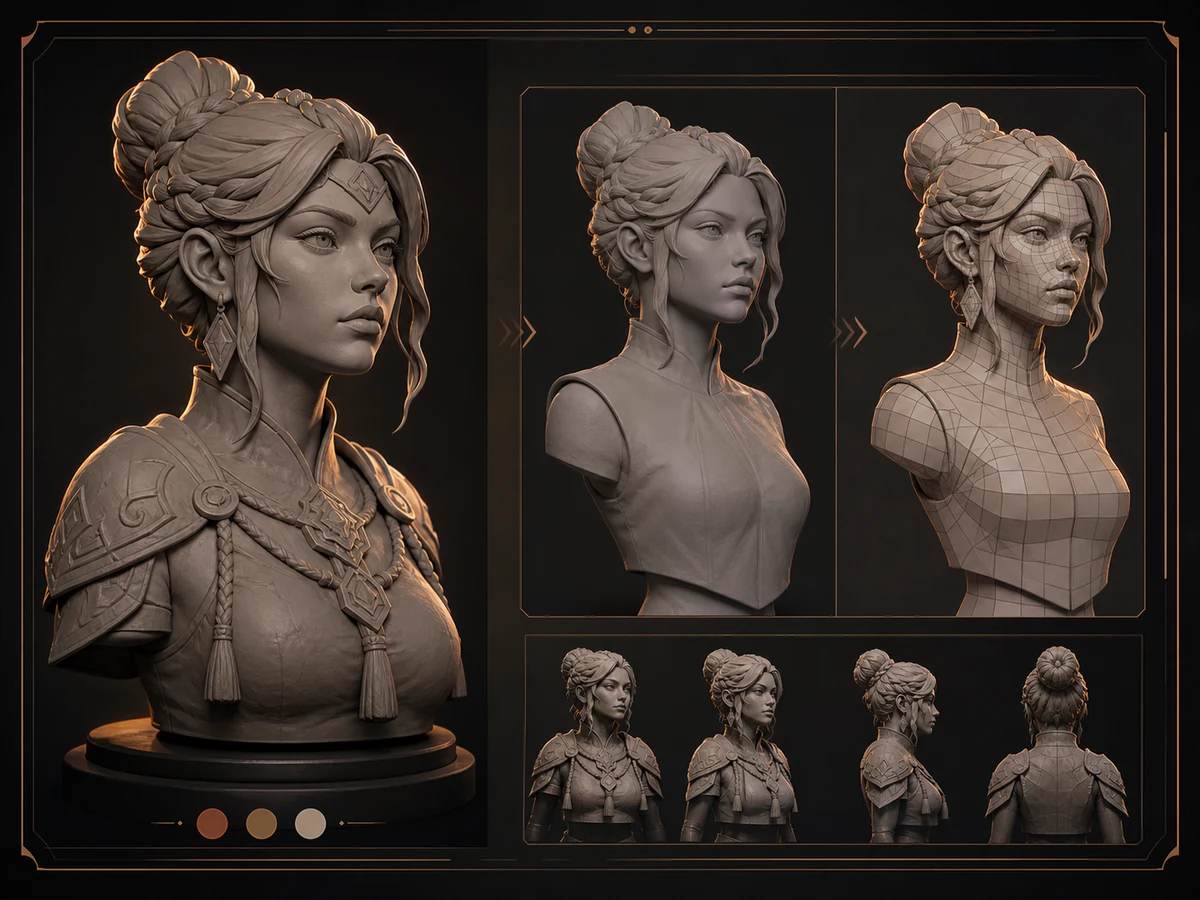 Original generated V2 process concept showing character sculpt studies and illustrative mesh-style panels.