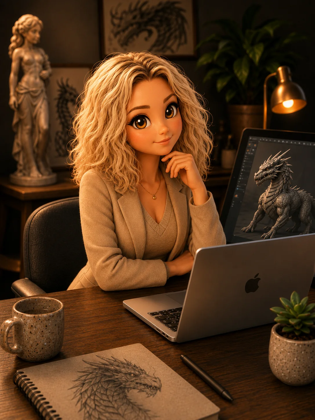 Lesly in a warm character art studio with dragon sketches, sculpting references, and a laptop.