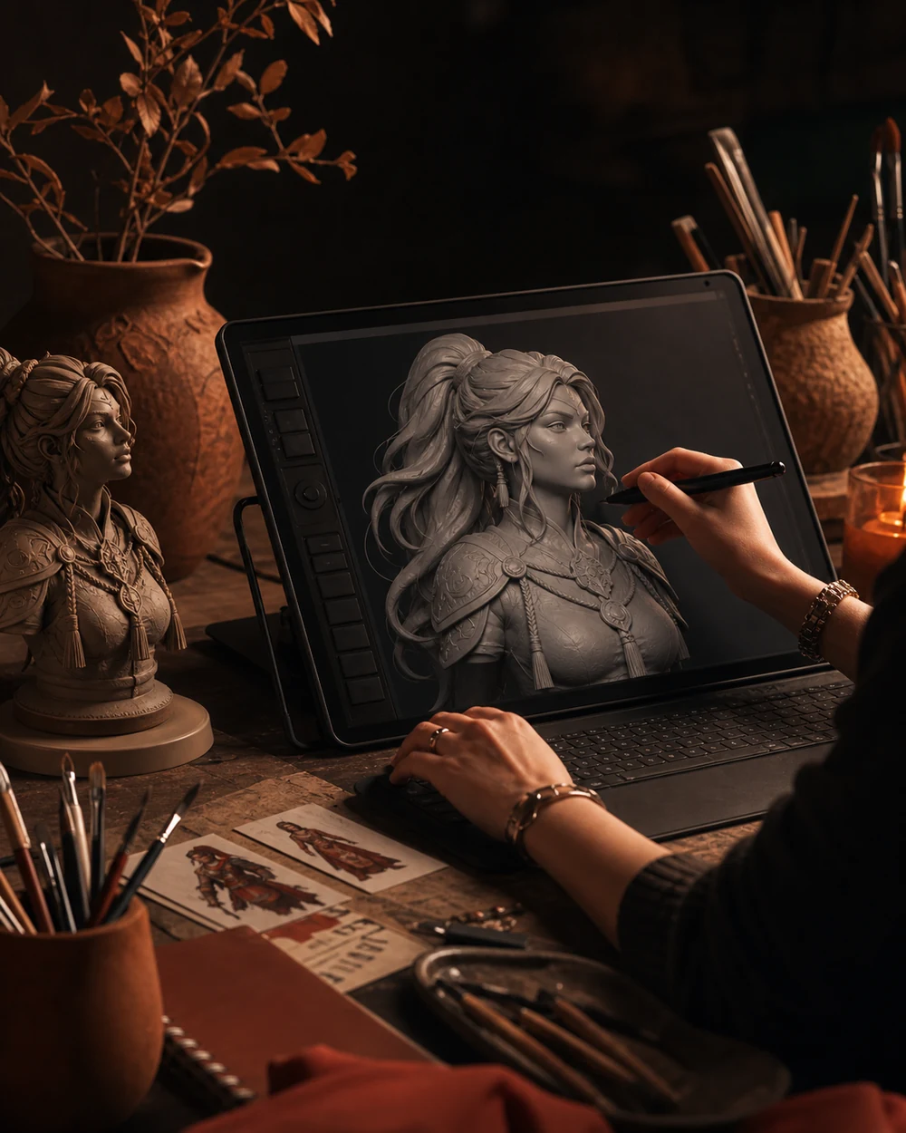 Original generated studio process visual showing character sculpt work on a pen display.
