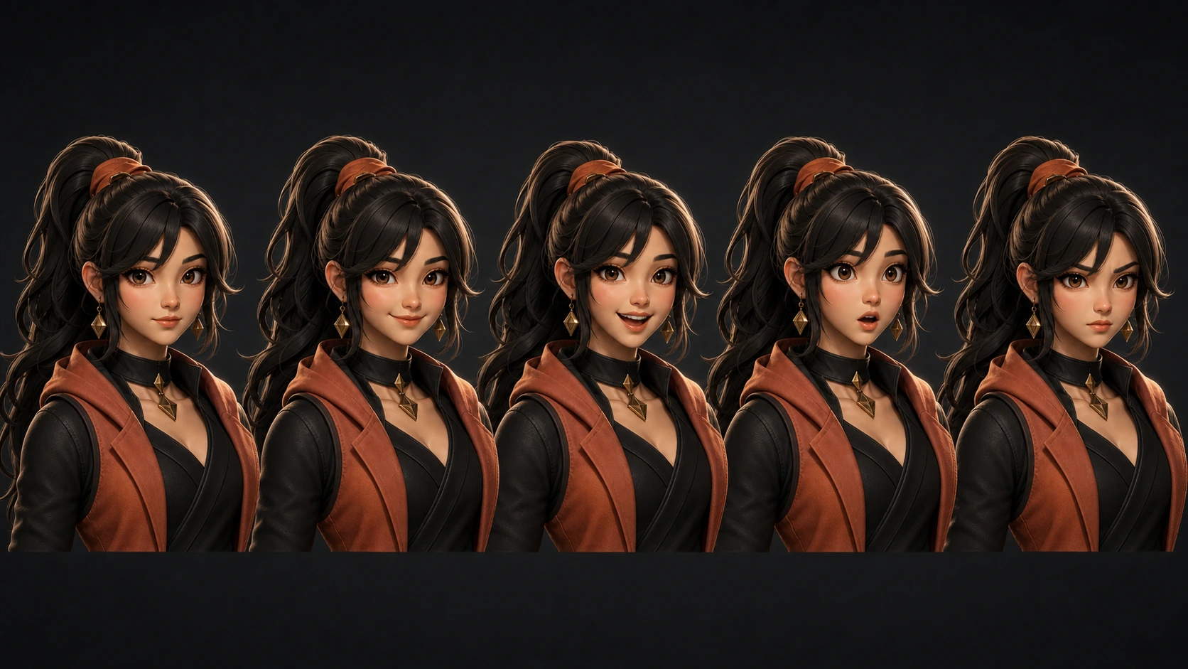 Five Mira expression presentations showing calm, warm smile, delighted, surprised, and focused character reads.