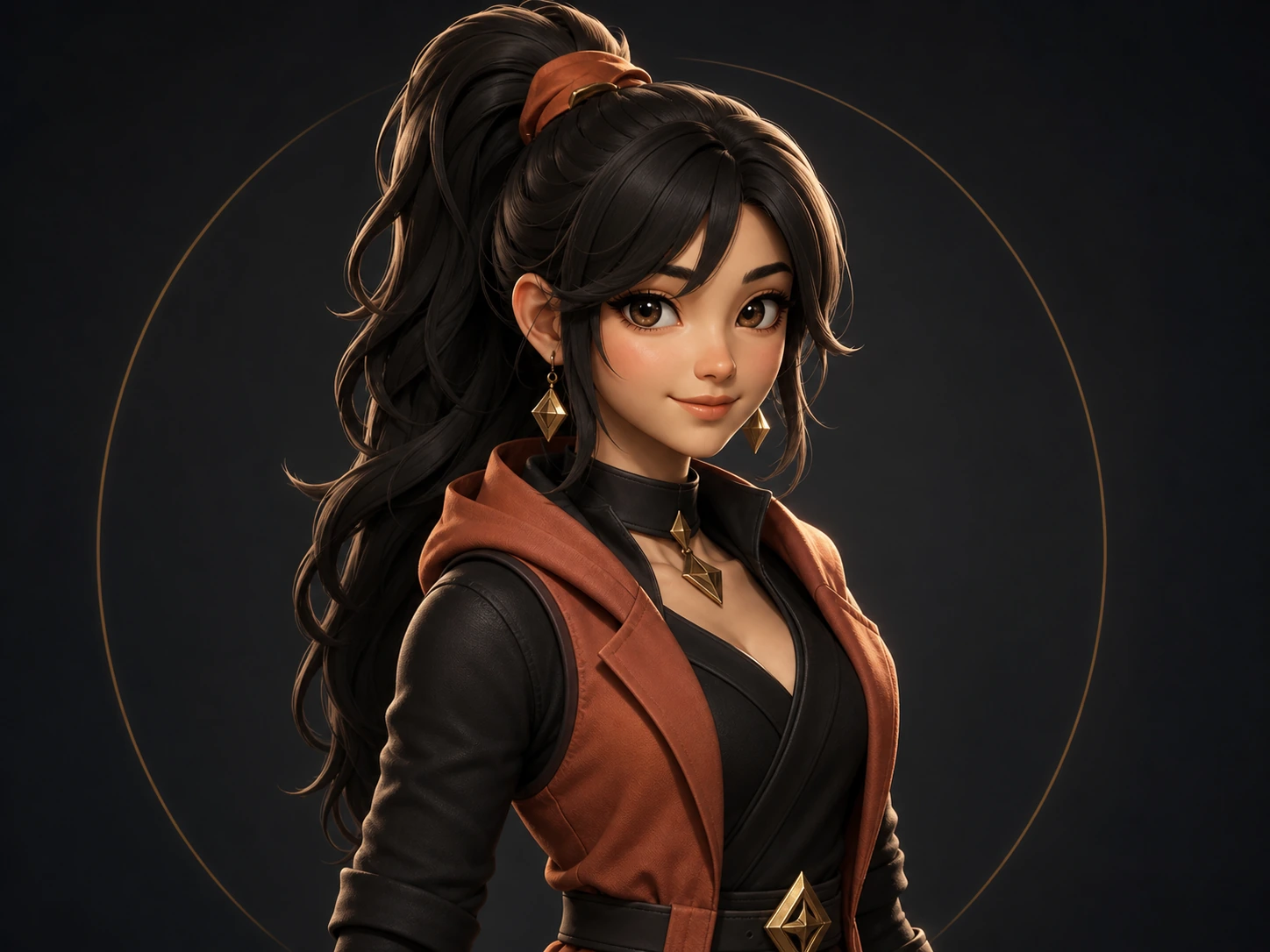 Stylized young-adult Mira avatar with a high black ponytail, rust hooded layer, black foundation garment, and geometric gold jewelry.