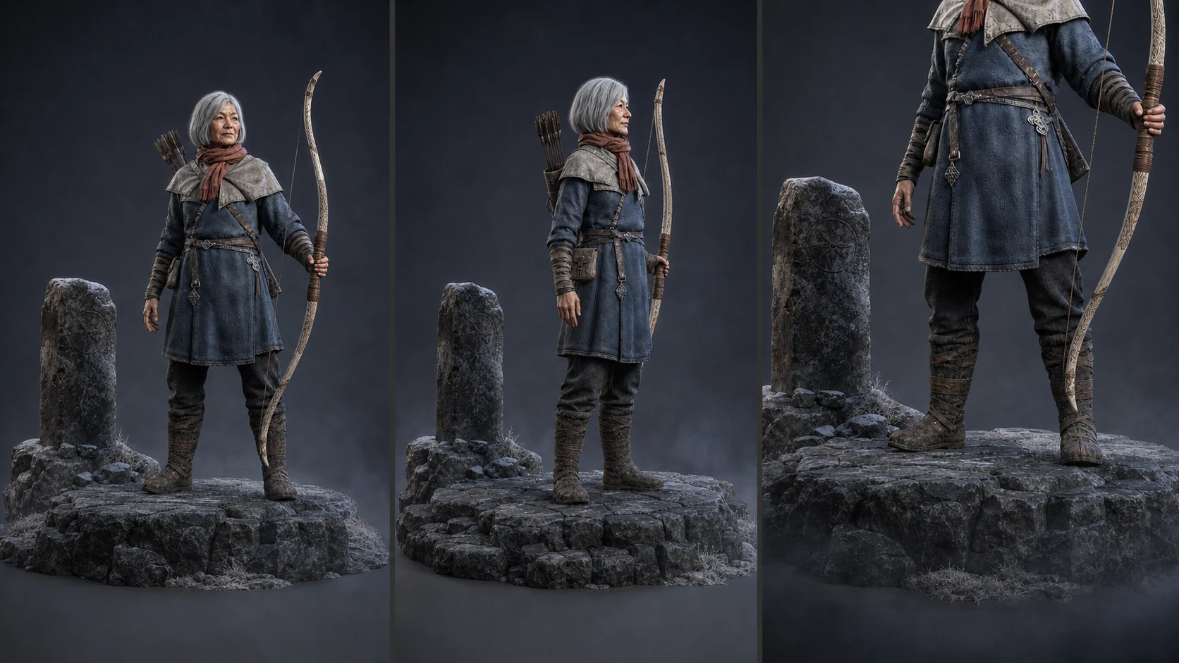Frostline Ranger eye-level and near-profile views plus a tight lower-body crop showing silhouette clearance, boots, stone contact, and bow placement.