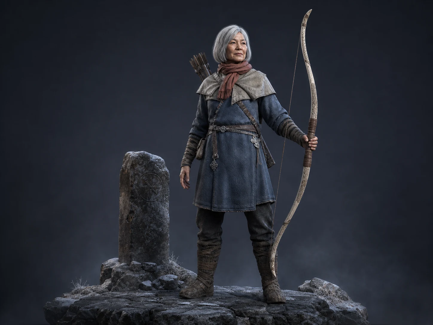 Older Frostline Ranger archer on a restrained black-stone stage with one milestone and cool studio lighting.