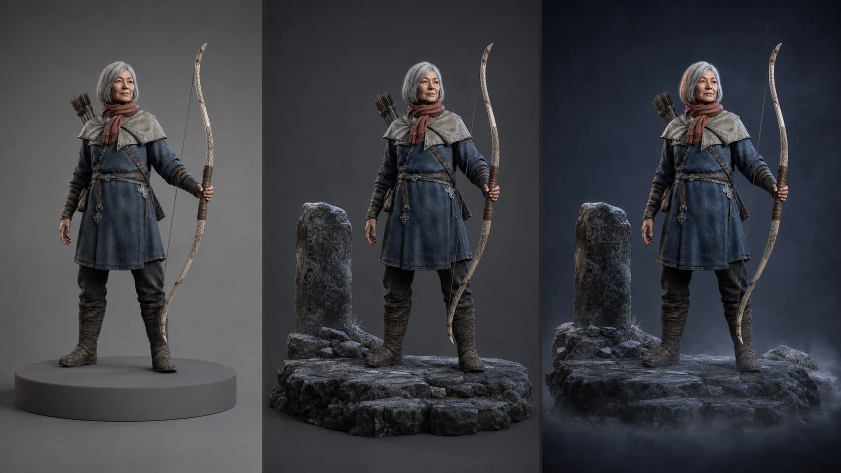 Three Frostline Ranger staging directions comparing a plain gray plinth, a stone and milestone layout, and a cool-and-warm atmospheric treatment.