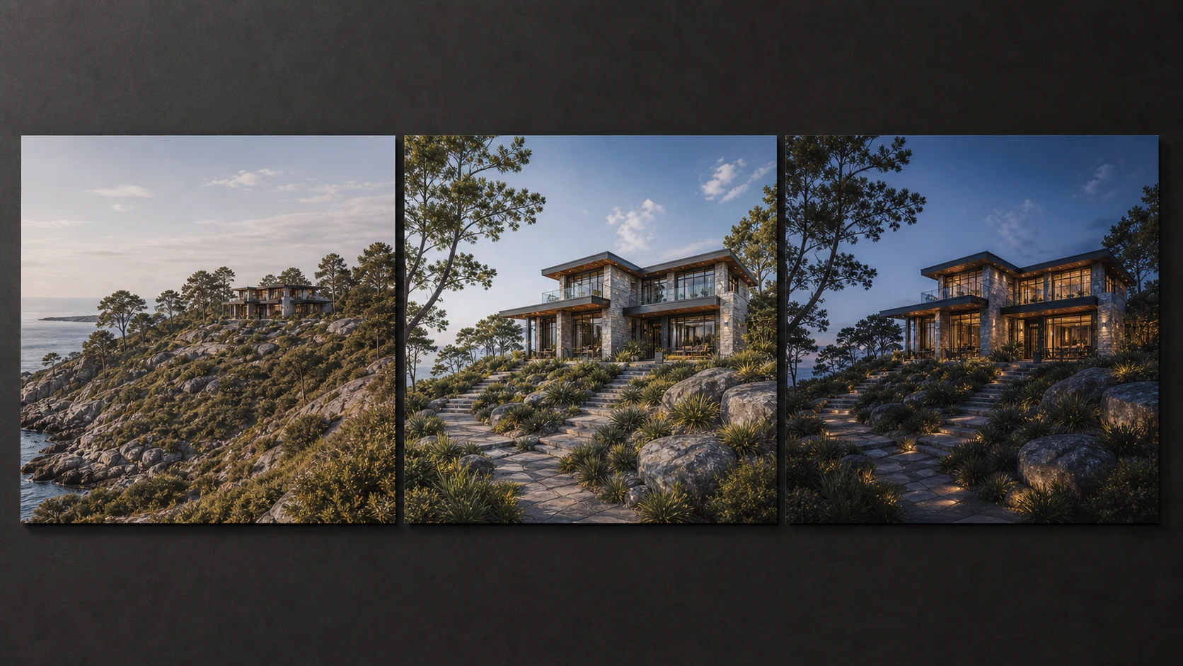 Coastal Residence shown through distant coastal context, clear daylight, and blue-hour presentation views.