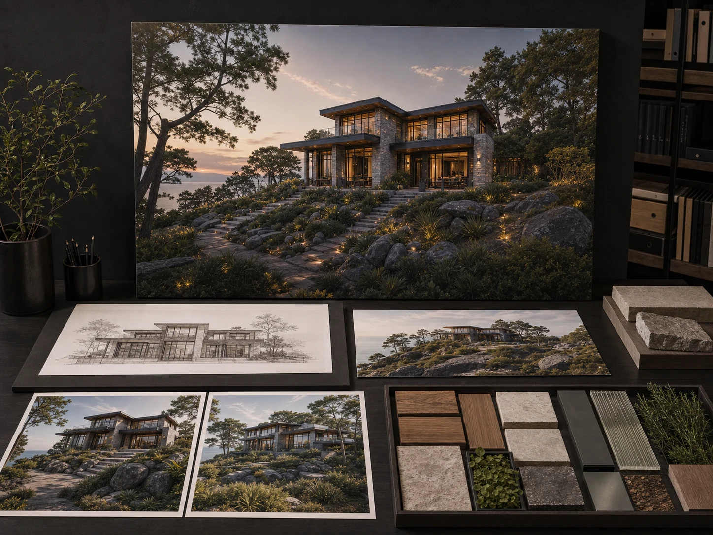Editorial Coastal Residence board with a blue-hour exterior, an illustrative elevation, context views, and stone, timber, metal, and planting references.