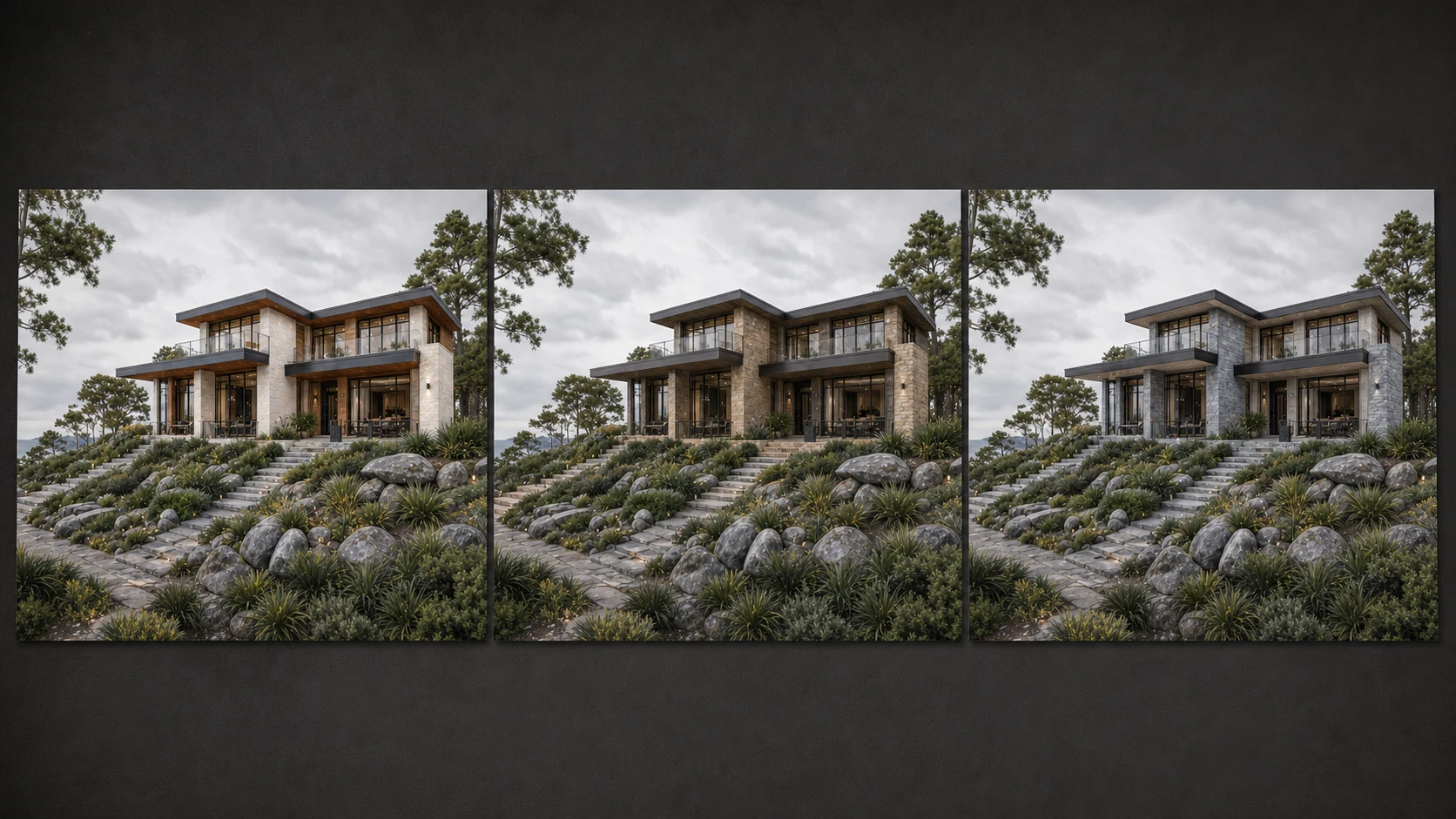 Three coordinated Coastal Residence views comparing pale, warm, and cool exterior finish directions.