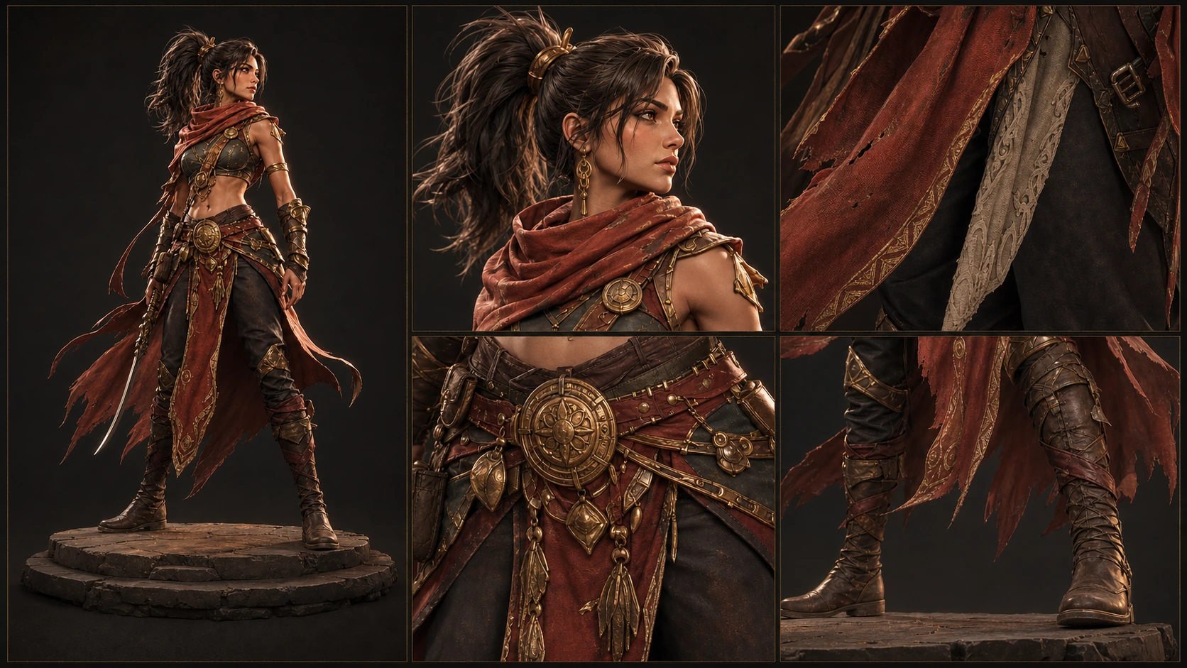 Fantasy-warrior costume-and-material presentation with a full-body figure plus face, cloth, belt, bronze, embroidery, and boot close views.