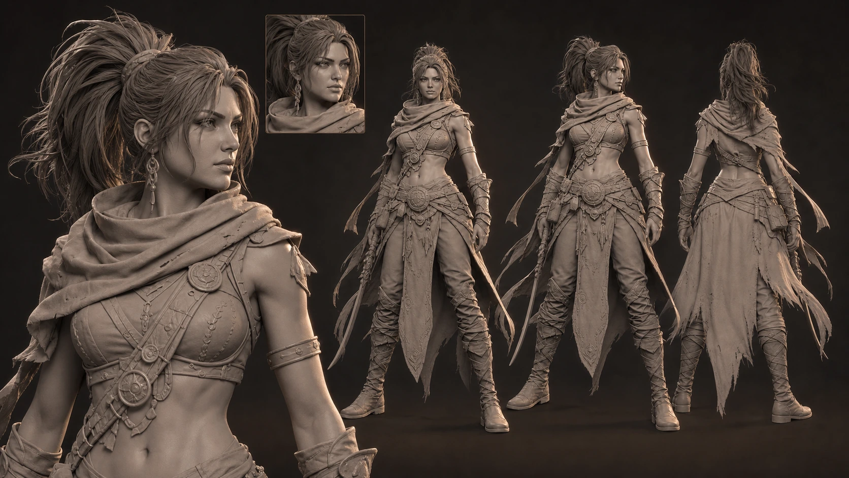 Warm-gray fantasy-warrior form presentation with a facial close view and front, three-quarter, and rear character views.