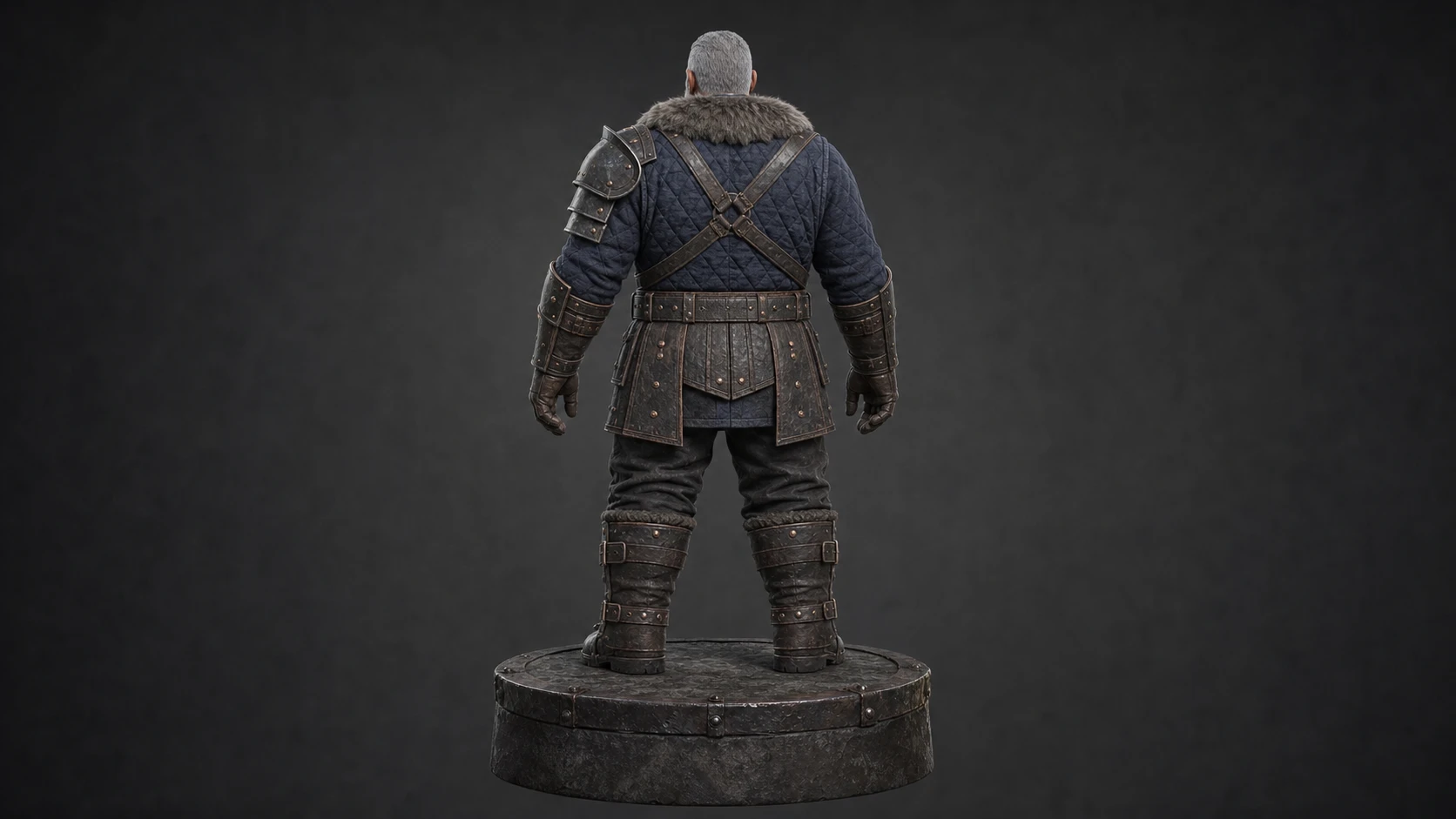 Rear presentation of the stocky silver-haired Forge Warden showing the quilted gambeson, crossed leather harness, asymmetrical armor, layered skirt panels, gloves, and boots.