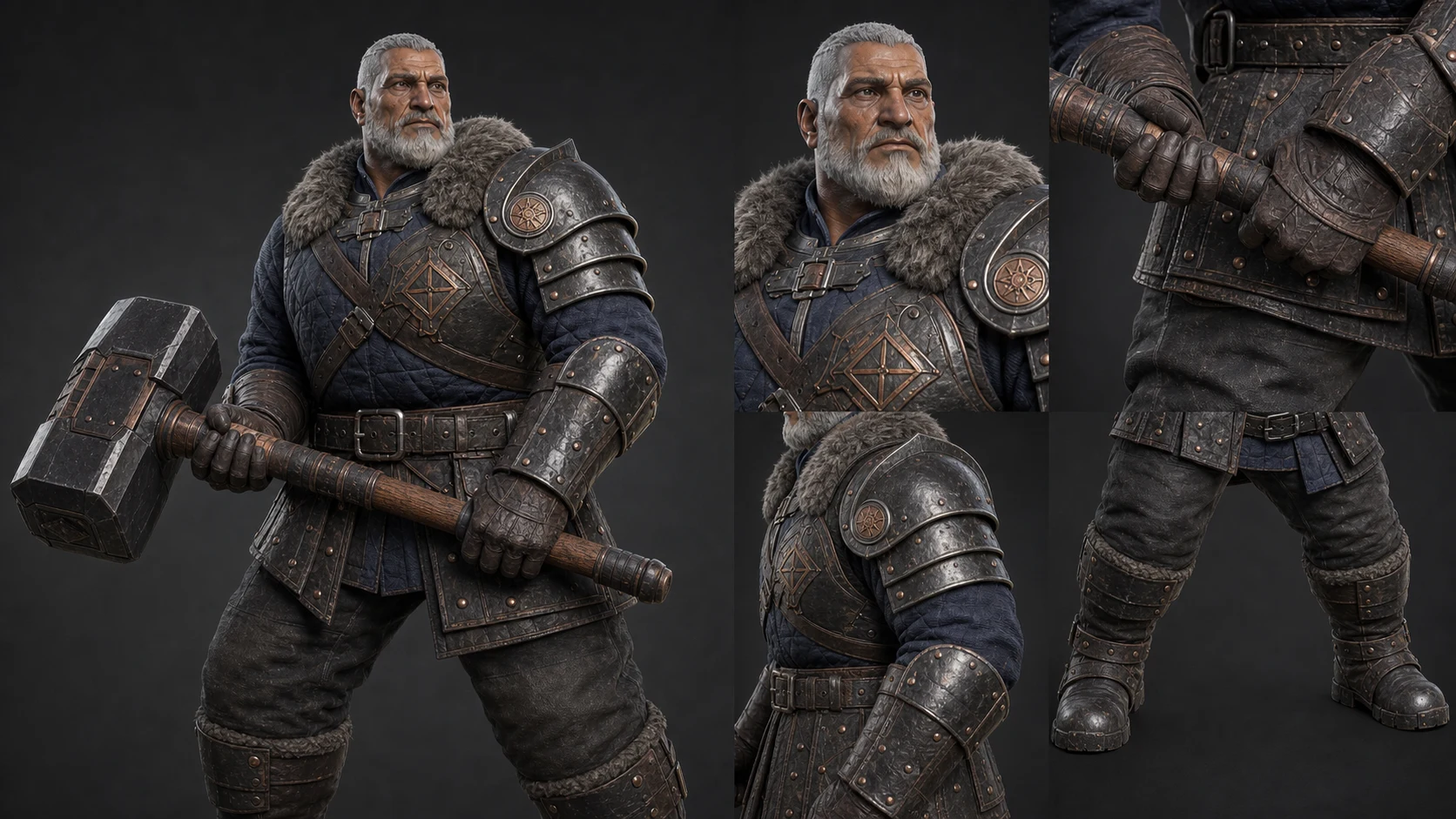 Forge Warden detail presentation showing the face, fur collar, shoulder armor, gloved hammer contact, layered waist, trousers, guards, and boots.