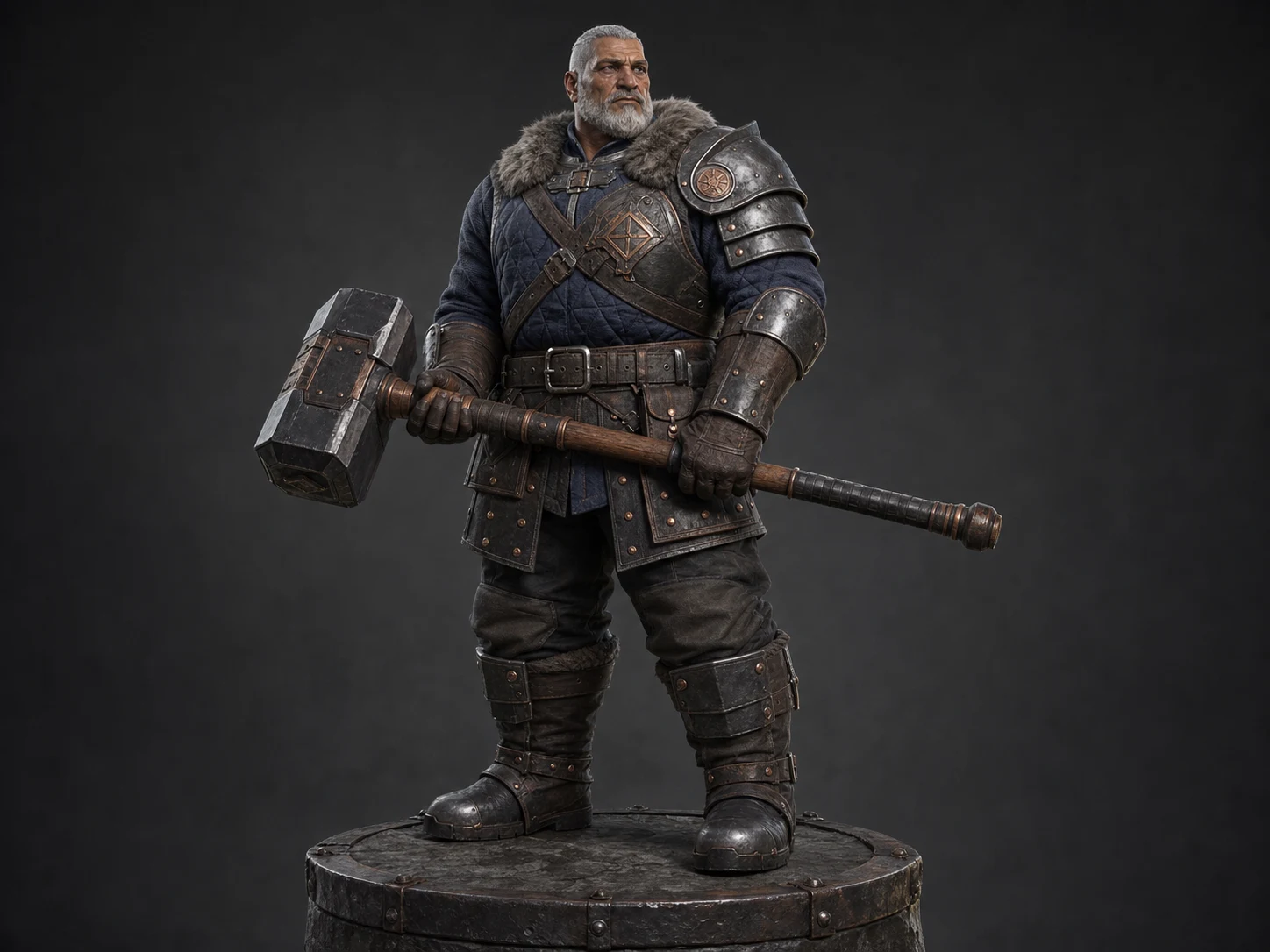 Stocky silver-haired Forge Warden holding a square-headed two-handed hammer on a dark studio plinth.