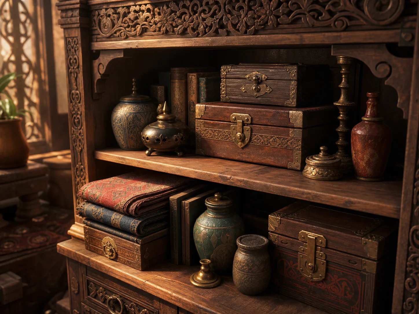 Ornate carved-wood shelf direction with storage chests, ceramic vessels, aged brass, books, folded textiles, and warm window light.