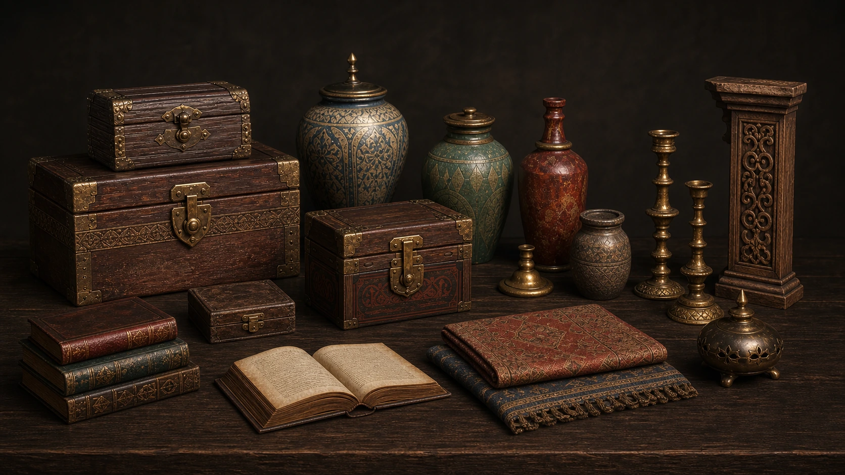 Studio lineup of coordinated carved chests, patterned vessels, brass accents, books, folded textiles, and a carved-wood column.