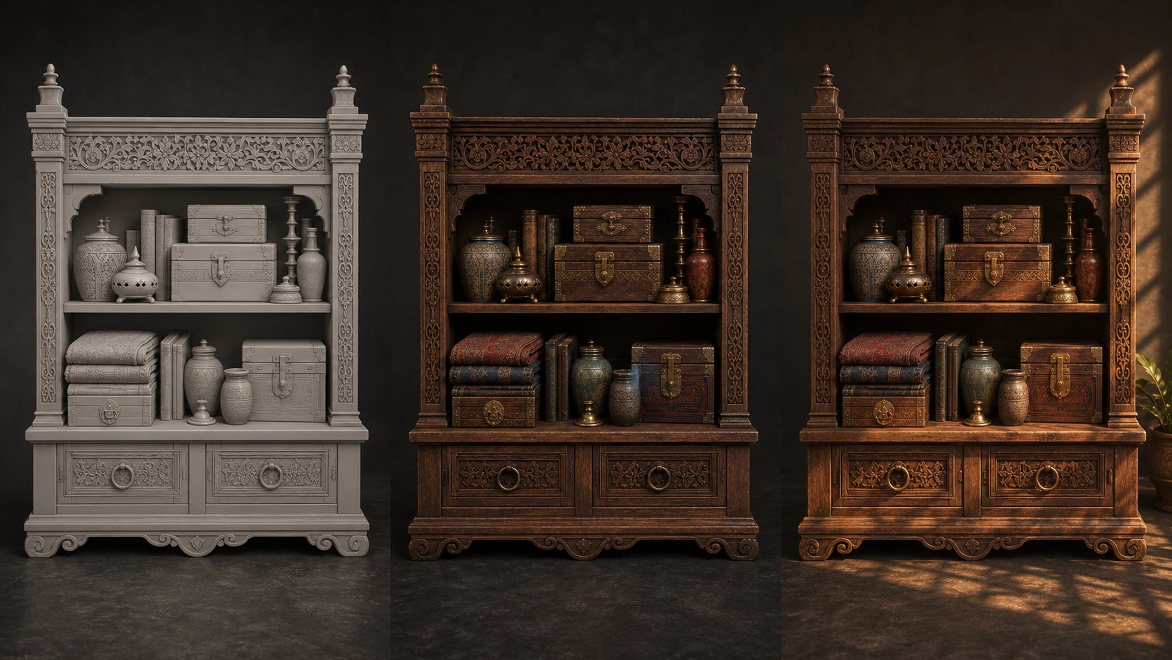 Three coordinated treatments of an ornate shelf exploring neutral form, separated materials, and warm interior atmosphere.