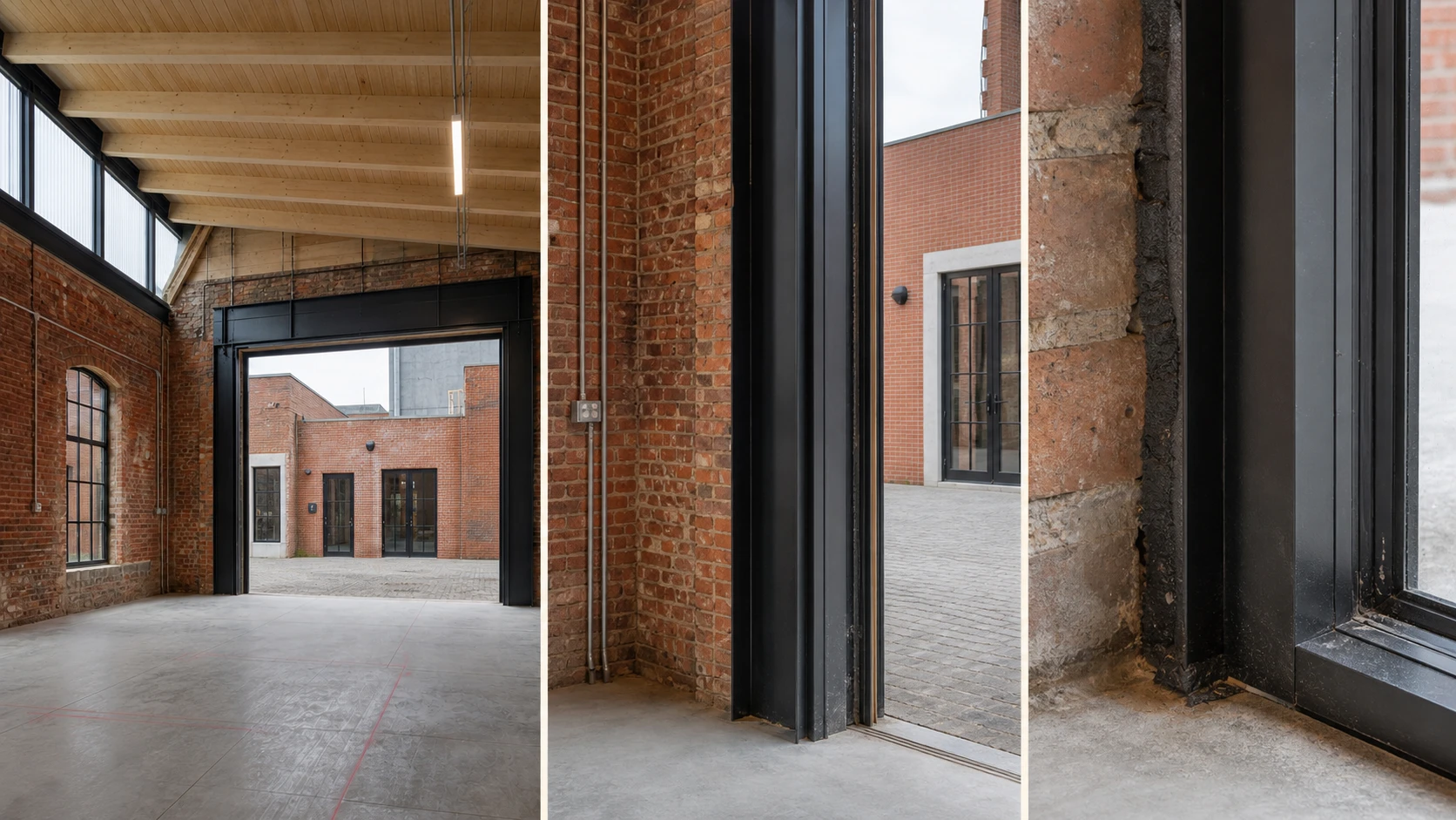 Northlight Workshop shown from the full room through the courtyard opening to a close steel, brick, glazing, and concrete junction.