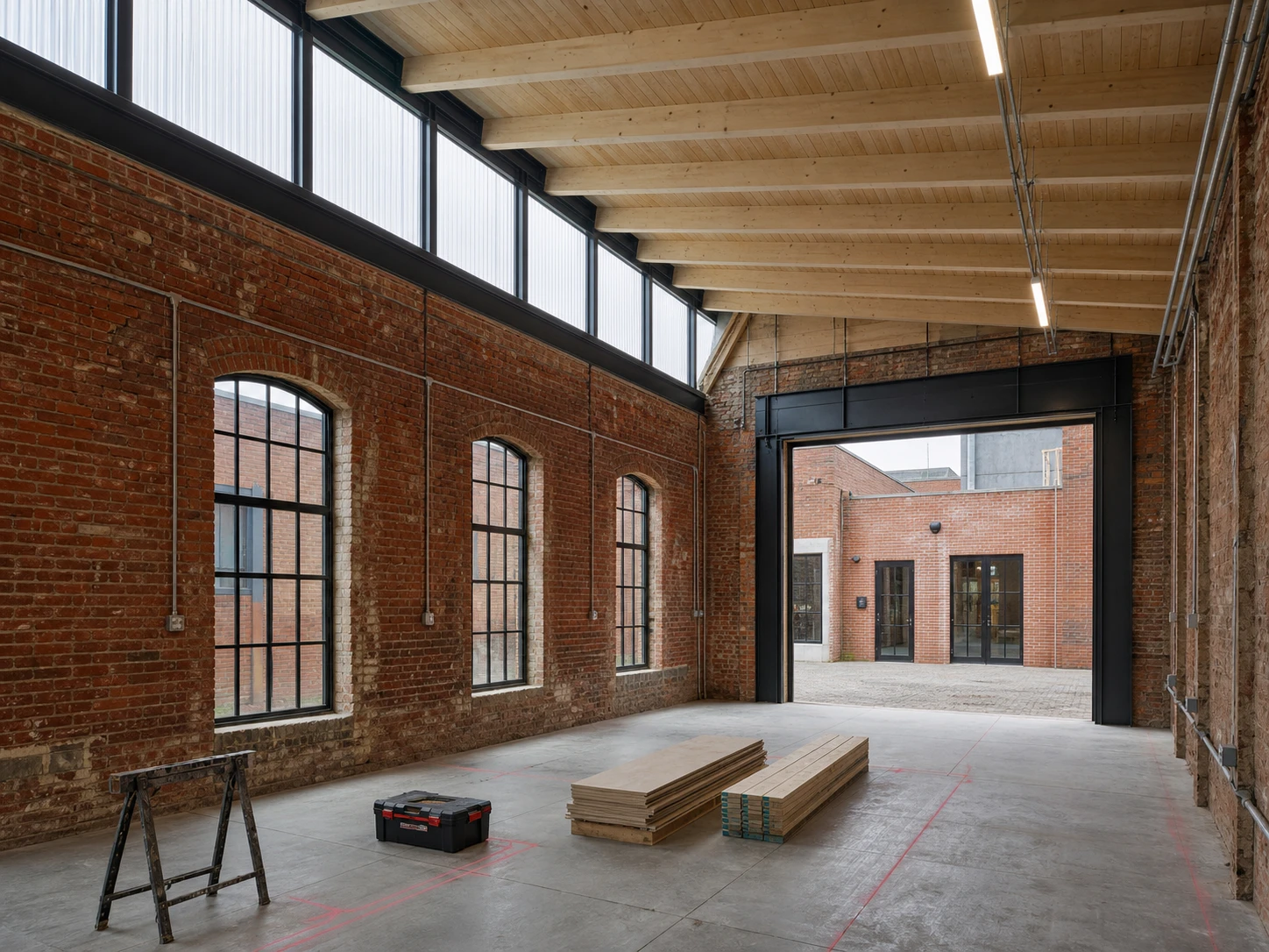 Fictional Northlight Workshop interior with weathered red brick, arched windows, a pale timber roof, clerestory glazing, exposed services, and a black-steel courtyard opening.