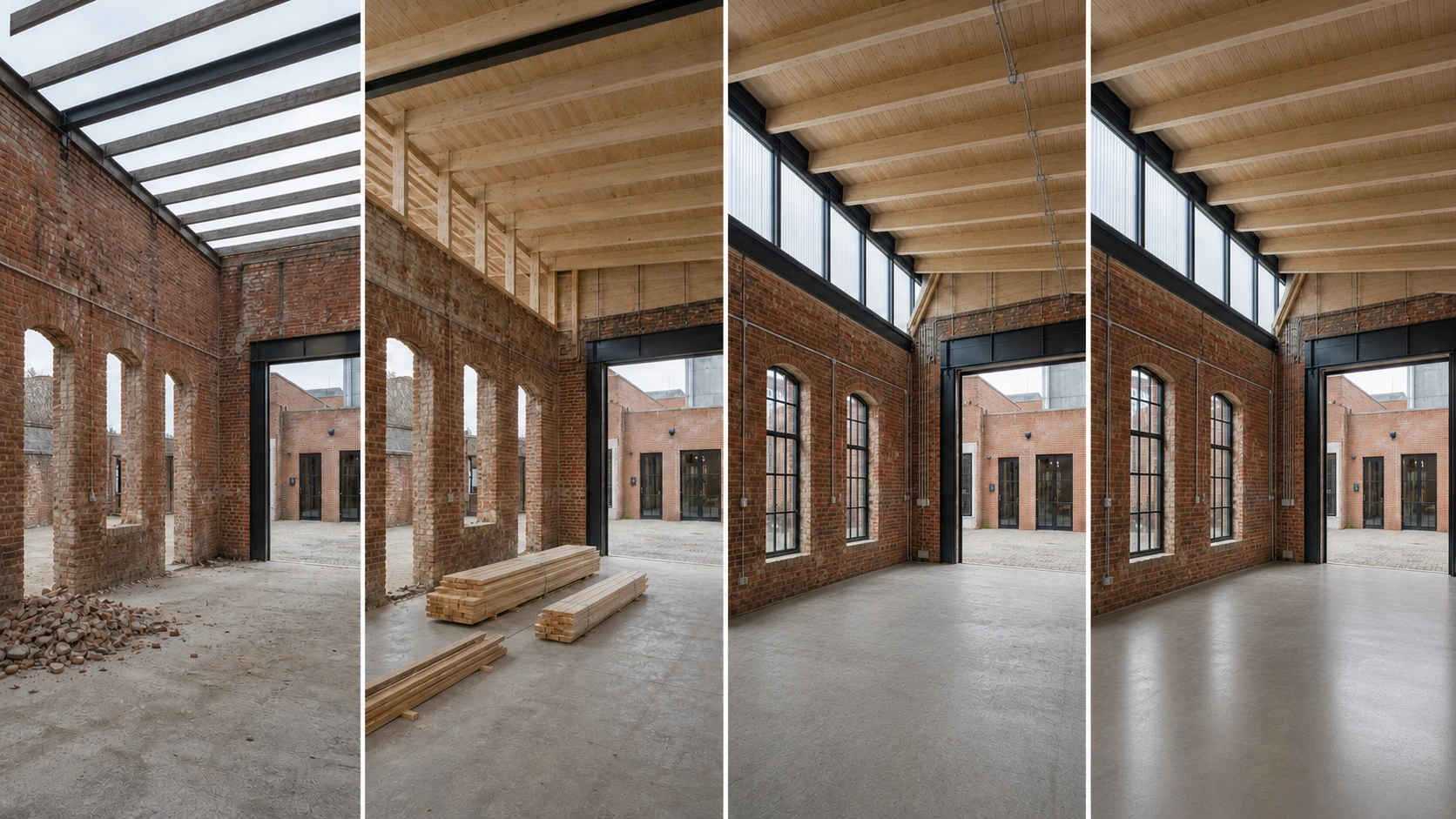 Four coordinated Northlight Workshop presentations comparing an open brick shell, timber roof structure, clerestory enclosure, and a clear finished-room direction.
