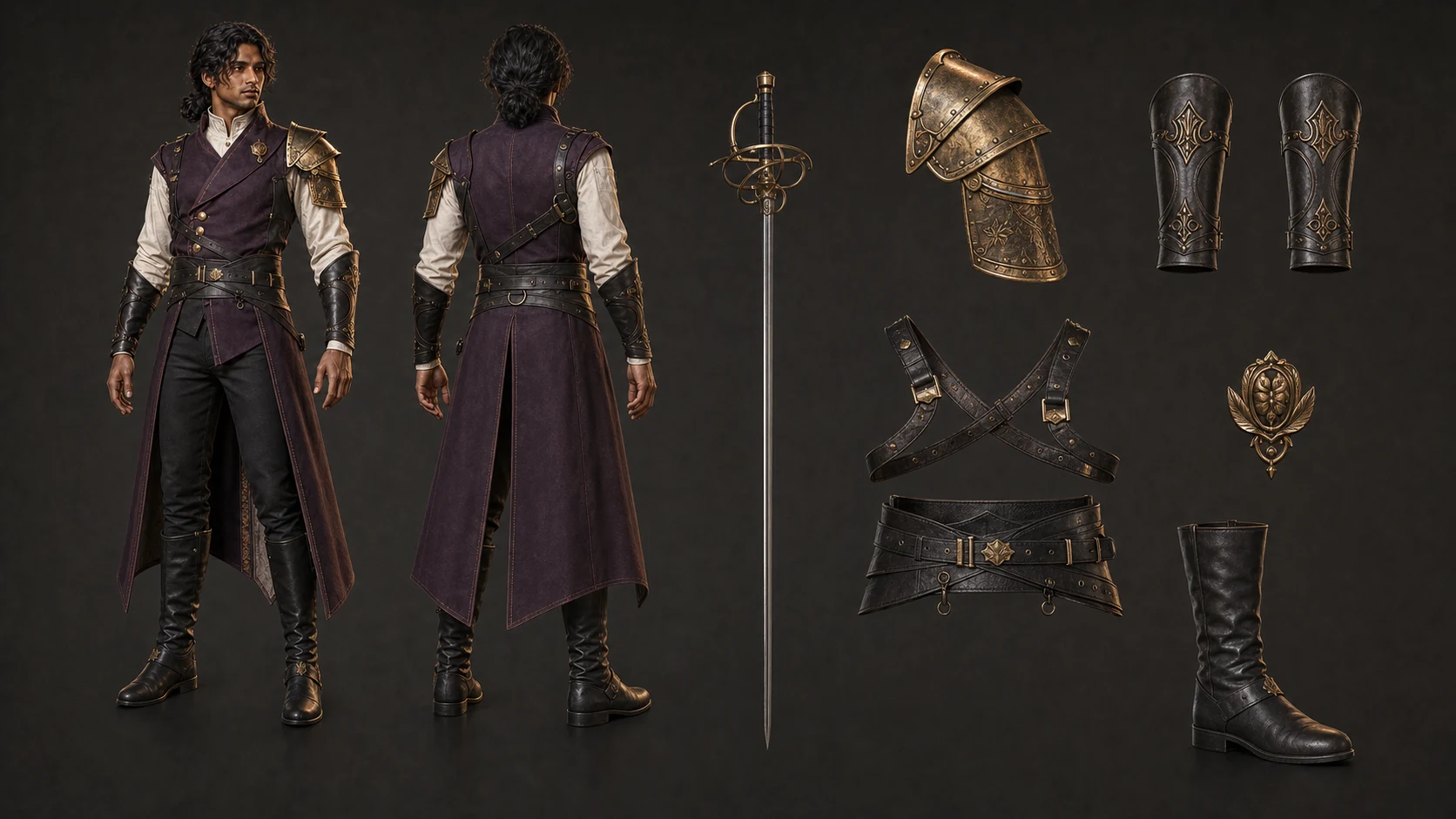 Front- and rear-facing Ember Duelist costume presentations with rapier, shoulder armor, forearm guards, harness, belt, brooch, and boot accents.