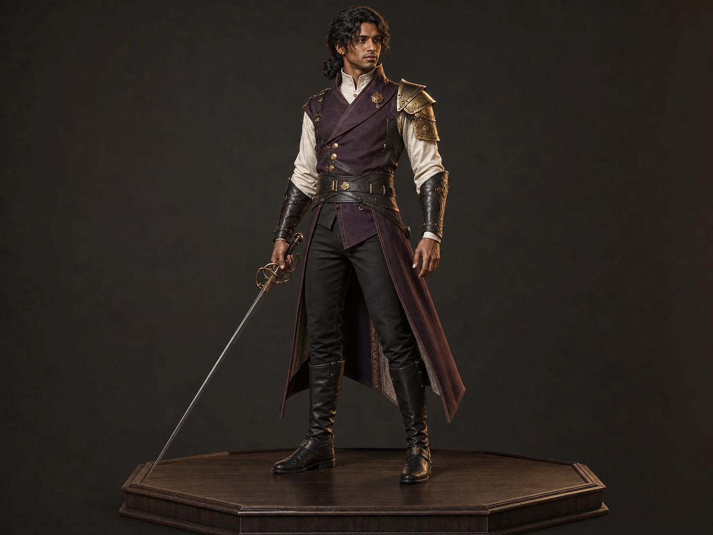 Ember Duelist in layered plum and ivory tailoring with asymmetric aged-gold protection and a swept-hilt rapier.