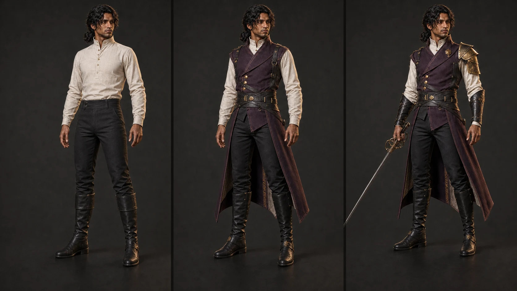 Three Ember Duelist costume presentations: ivory foundation clothing, plum tailoring with leather structure, and the complete look with protection and rapier.