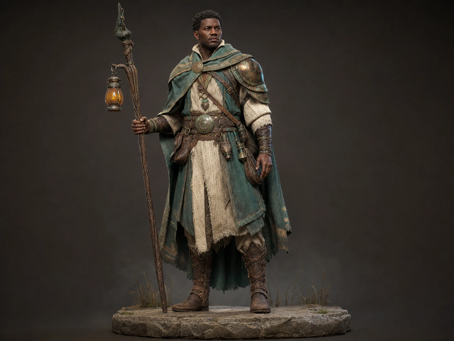 Marsh Warden material-study character with teal cloth, ivory linen, leather, oxidized bronze, and a lantern staff.