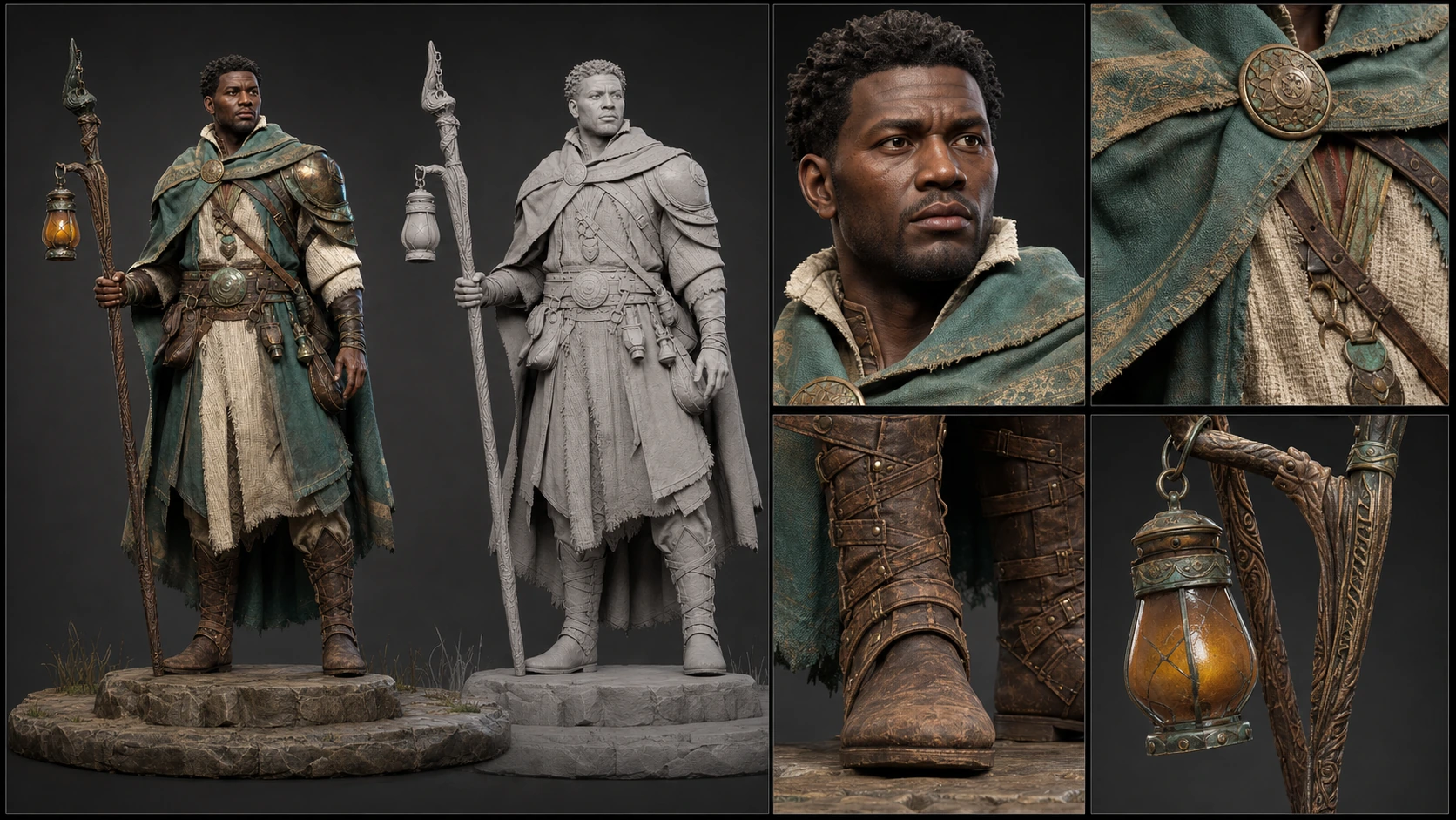Marsh Warden material presentation with color and warm-gray figures plus close views of the face, teal and ivory cloth, leather boot, aged bronze, carved staff, and amber lantern.