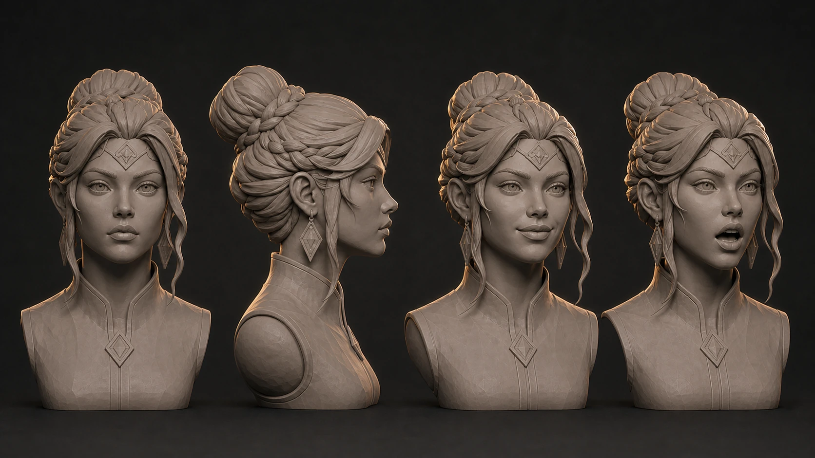 Lyra warm-gray bust study with neutral front, true profile, subtle smile, and open-mouth expression views.