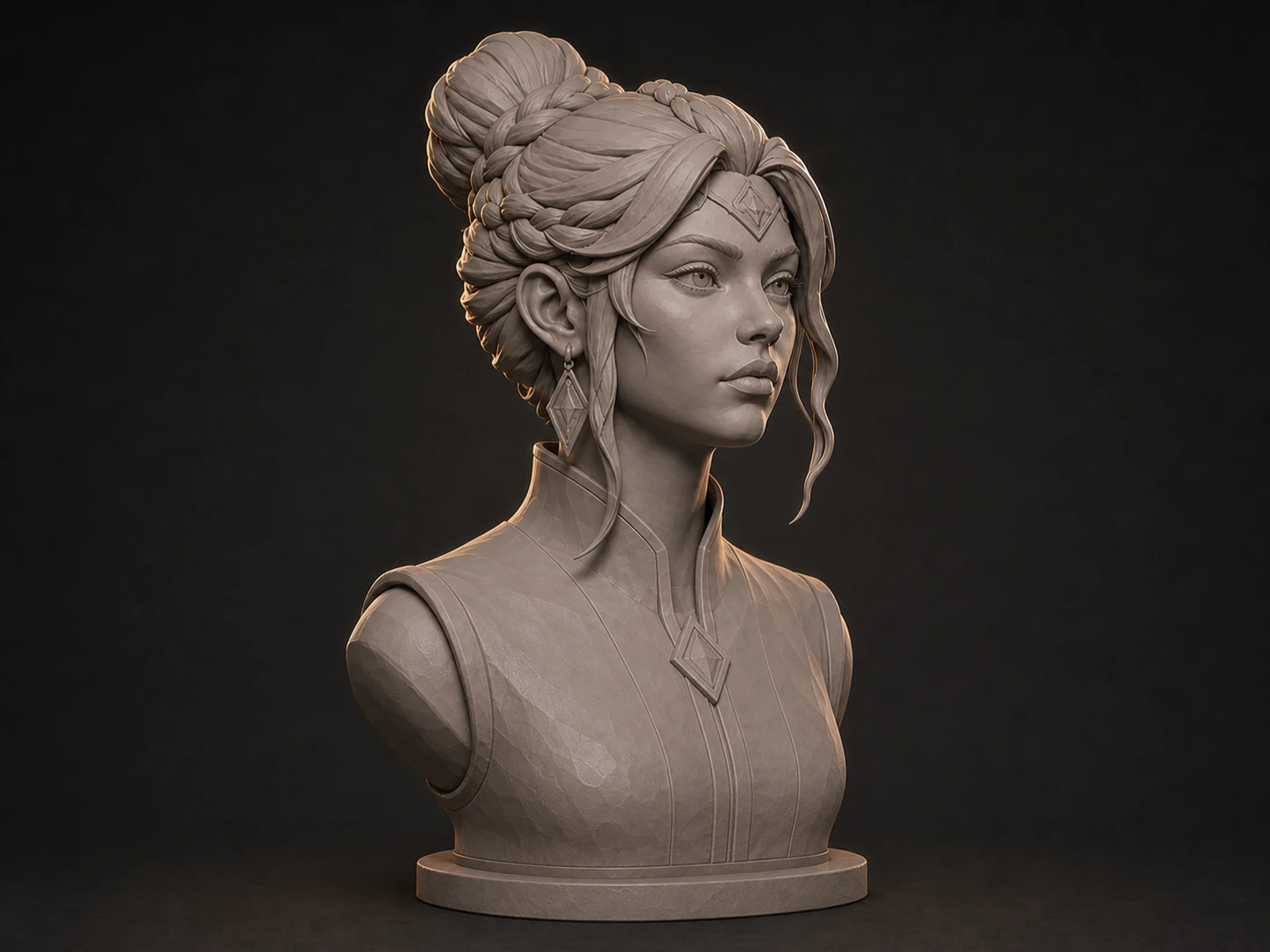 Resolved warm-gray Lyra bust with a tapered face, layered braided hair, diamond ornament, high collar, and neutral studio lighting.