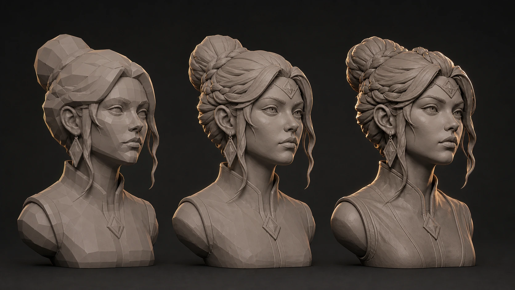 Three Lyra bust presentations comparing faceted primary forms, refined facial and hair masses, and resolved warm-gray detail.
