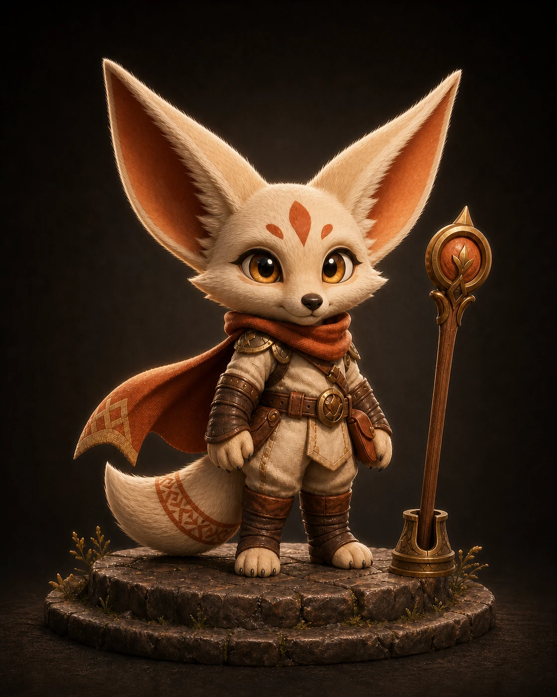 Sol the fennec fox mascot with oversized ears, three forehead markings, one patterned tail, animal paws, and a leaf-topped staff.