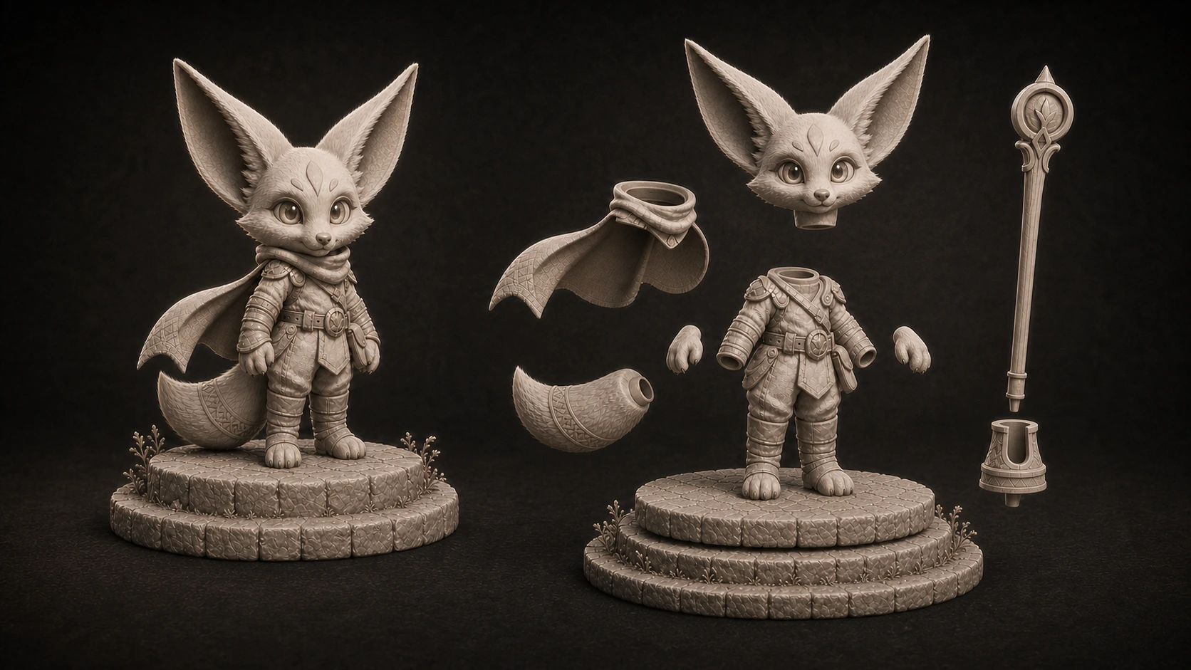 Sol collectible visual-grouping study comparing the complete figure with conceptual groups for the head, scarf and cape, tail, body, paws, staff, holder, and base.