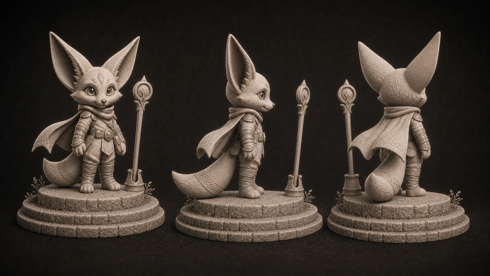 Front three-quarter, profile, and rear three-quarter Sol collectible views with the base, staff, holder, cape, and tail visible.