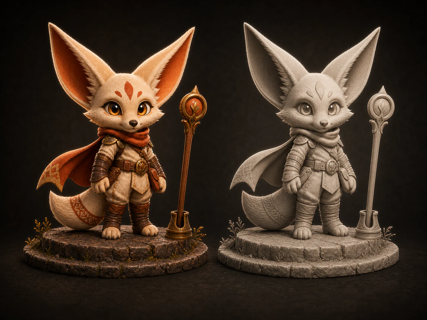 Sol collectible presentation with coordinated color and neutral-clay figures, both showing the fennec identity, costume, staff, patterned tail, and broad tiered base.