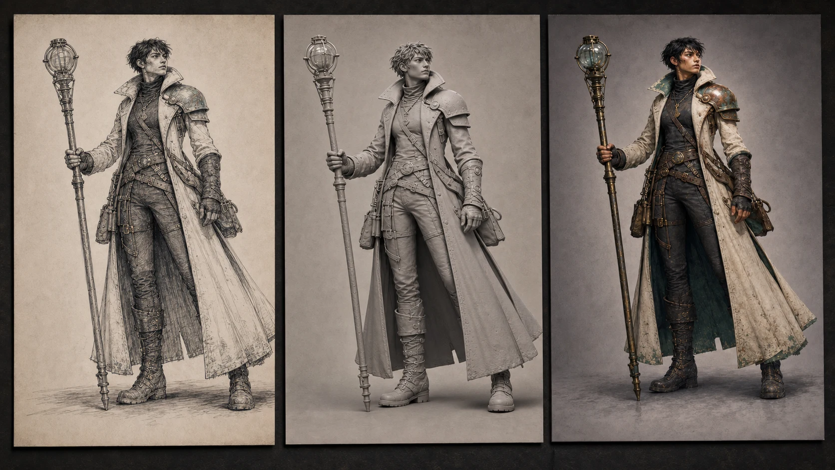 Three coordinated Tideglass Courier presentations in sketch-style, gray-form, and color-and-material formats.