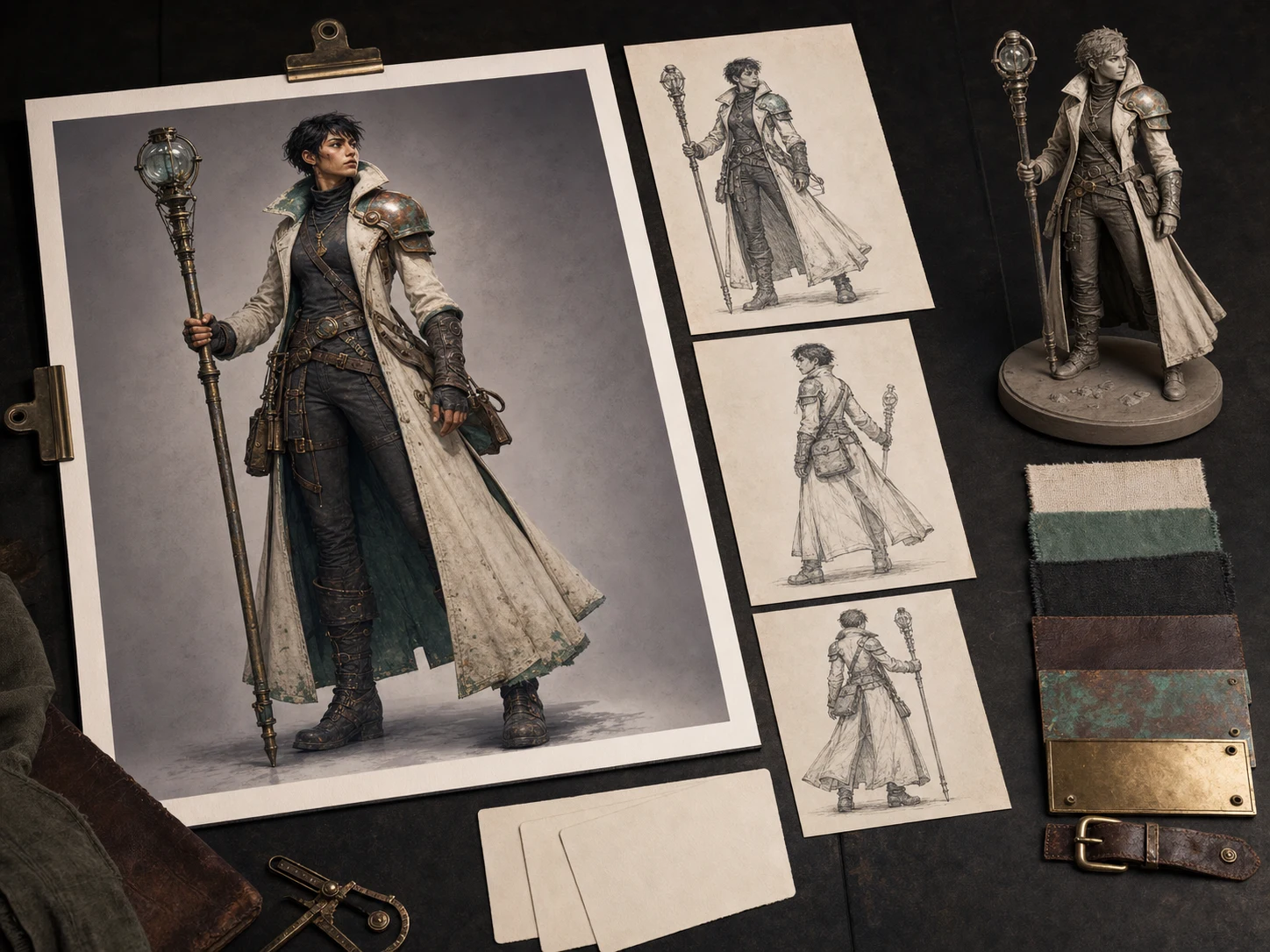 Tideglass Courier presentation with a resolved character target, sketch-style studies, gray-form direction, and material references.