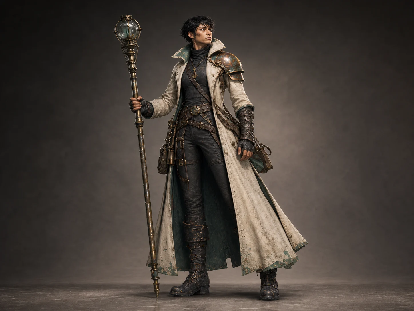 Tideglass Courier in a balanced stance with a lightly opened split coat, one copper shoulder guard, satchel, boots, and glass-headed navigation staff.