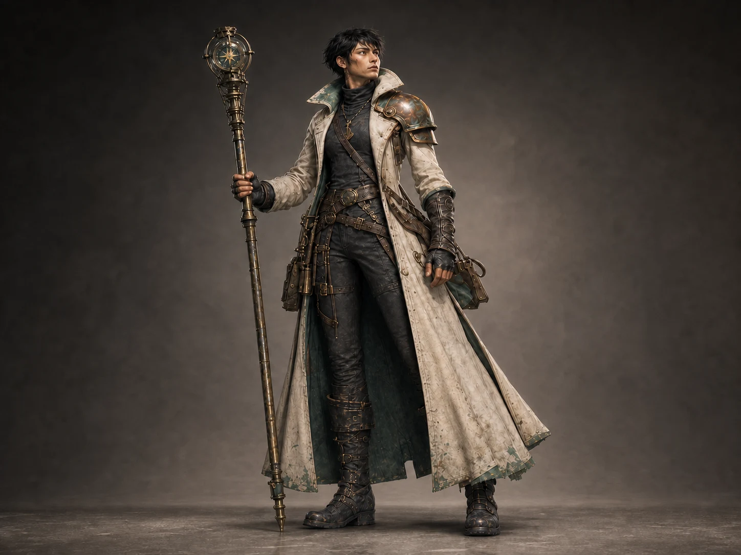 Full-body Tideglass Courier in an ivory split coat with sea-green lining, one copper shoulder guard, cross-body equipment, and a brass compass staff.