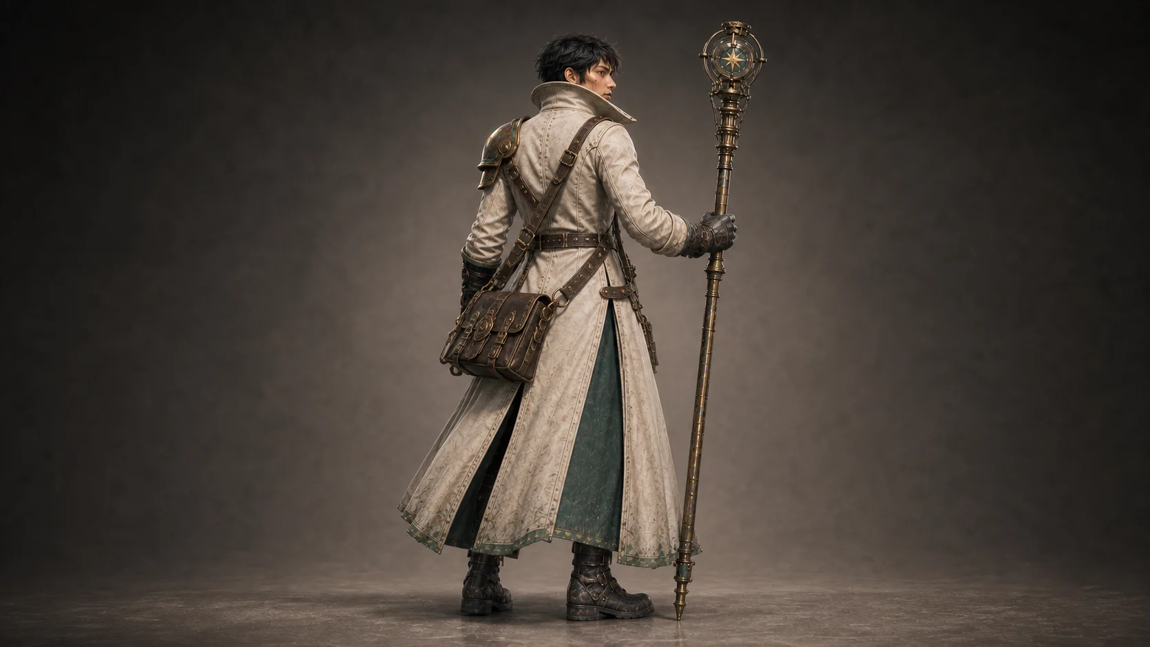 Rear three-quarter Tideglass Courier showing the split ivory coat, sea-green lining, one protected shoulder, crossed leather equipment, satchel, boots, and compass staff.
