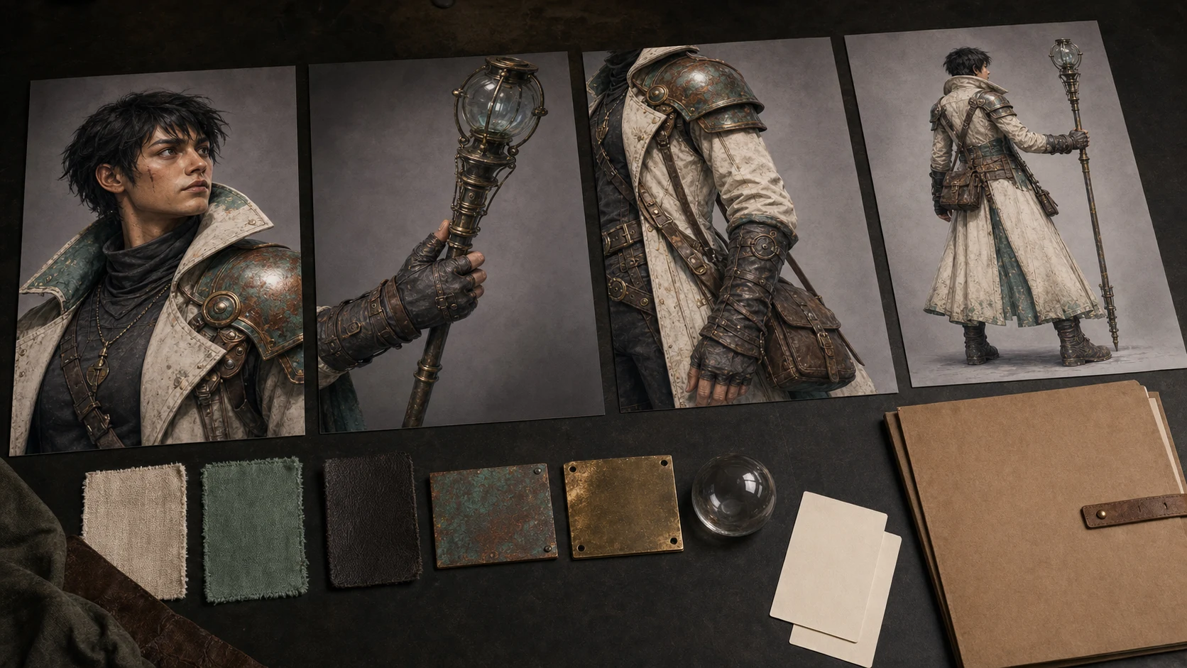 Tideglass Courier detail board showing the face, staff grip, shoulder layers, satchel, rear silhouette, and coordinated material direction.