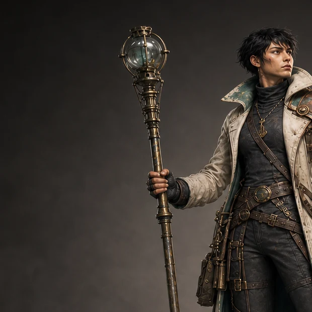 Close crop of the Tideglass Courier before refinement, with a simple protected glass globe at the top of the staff.