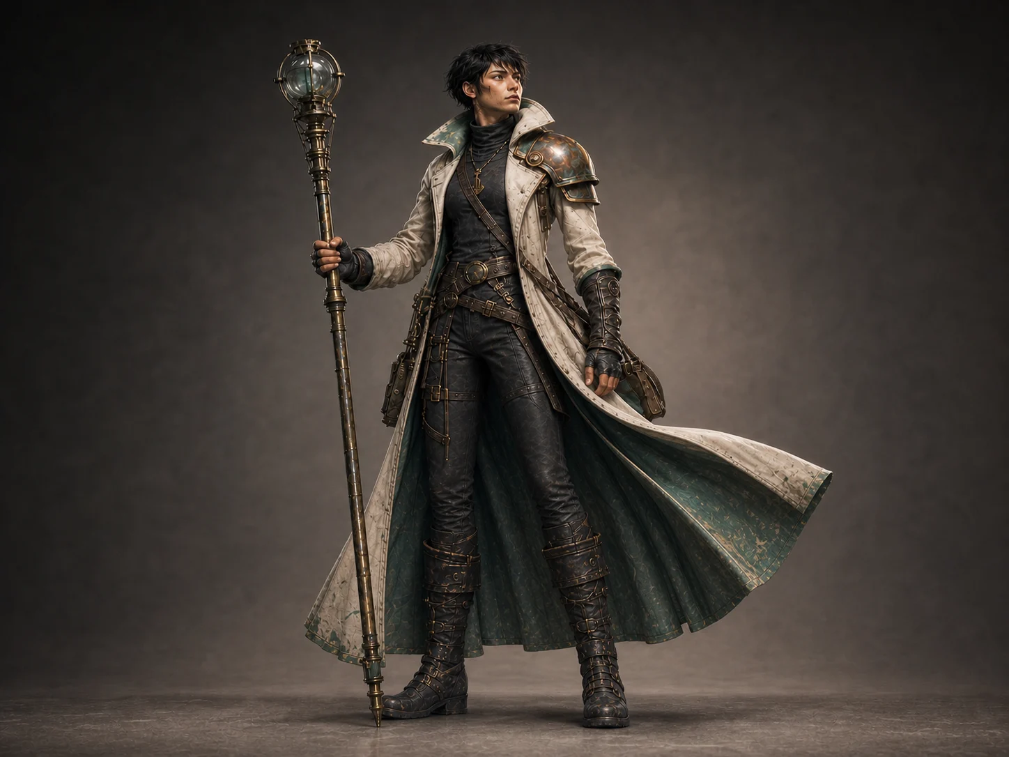 Tideglass Courier in a wider stance with the ivory coat opening into a broad sea-green-lined silhouette around the legs.